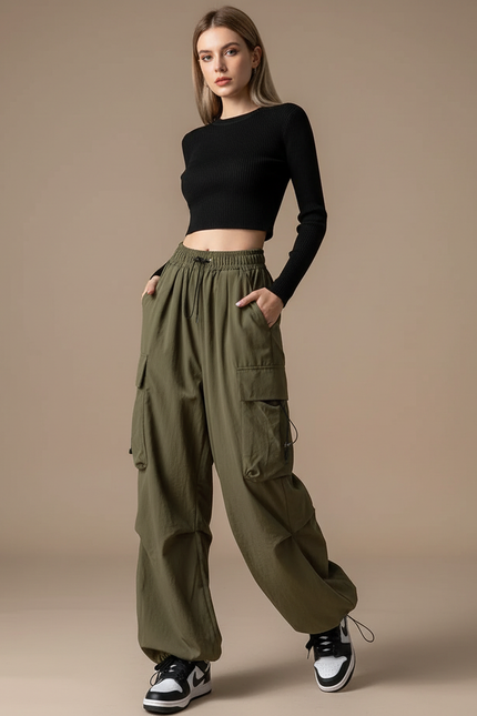 Pantalon Parachute Kaki Ample Cargo Décontracté Femme - Polyester