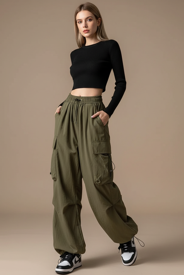Pantalon Parachute Kaki Ample Cargo Décontracté Femme - Polyester