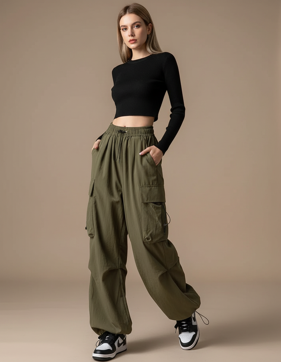 Pantalon Parachute Kaki Ample Cargo Décontracté Femme - Polyester