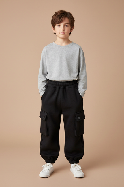 Pantalon Parachute Noir Cargo Molleton Enfant Hiver
