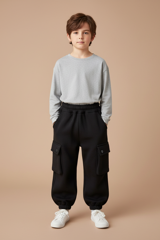 Pantalon Parachute Noir Cargo Molleton Enfant Hiver