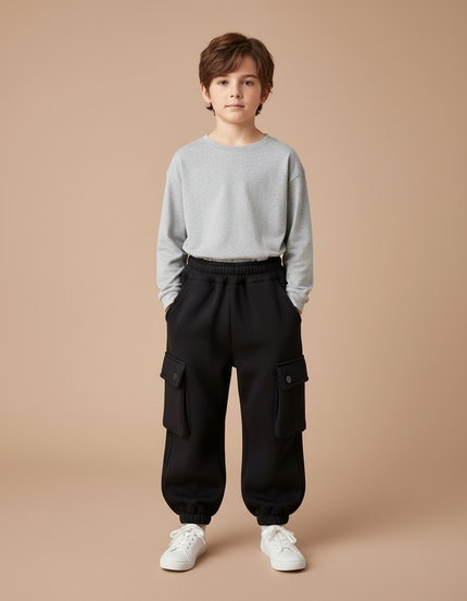 Pantalon Parachute Noir Cargo Molleton Enfant Hiver