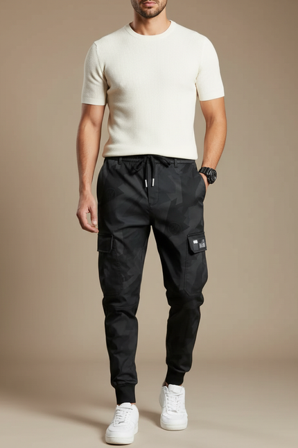 Pantalon Parachute Camouflage Noir Ample Coton Homme - Polyester