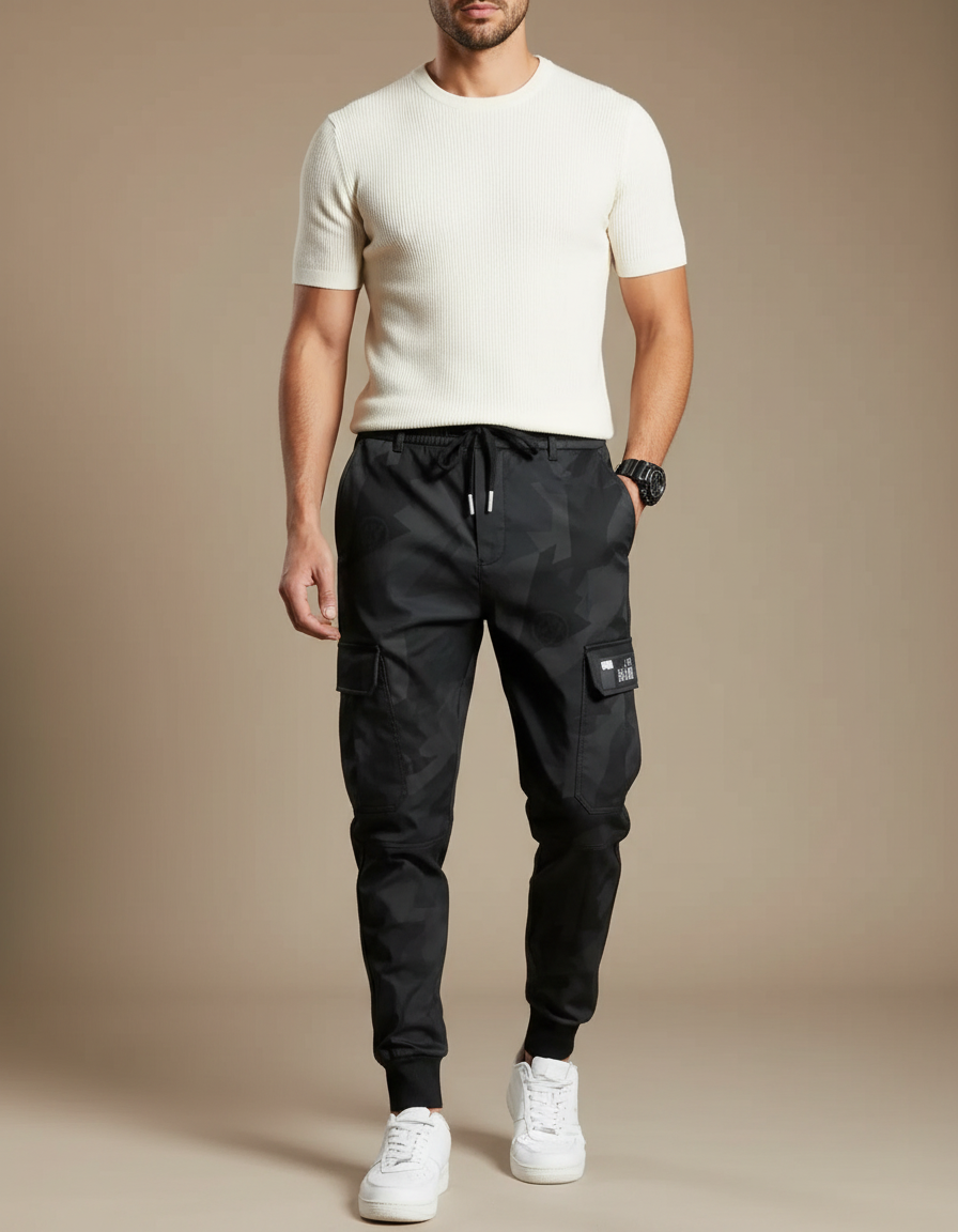Pantalon Parachute Camouflage Noir Ample Coton Homme - Polyester