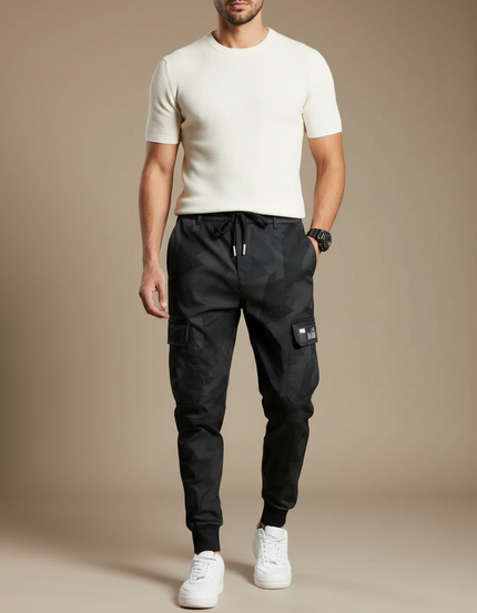 Pantalon Parachute Camouflage Noir Ample Coton Homme - Polyester