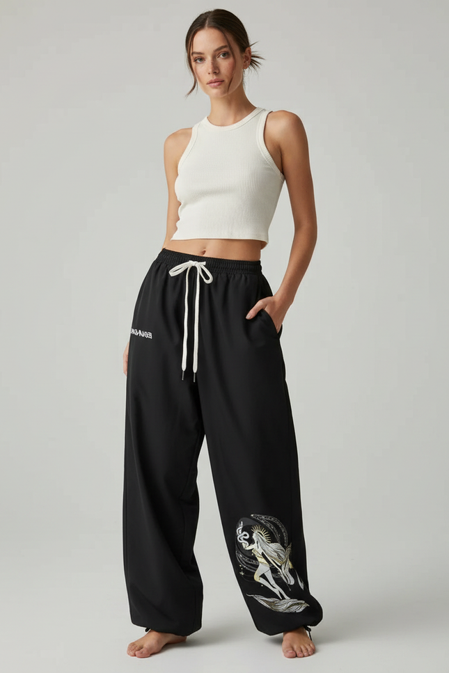 Pantalon Parachute Noir Ample Imprimé Mythique Femme - Polyester