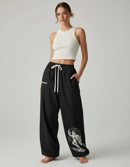 Pantalon Parachute Noir Ample Imprimé Mythique Femme - Polyester