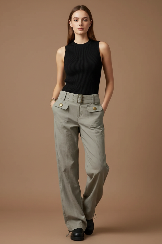 Pantalon Parachute Gris Ample Ceinture Poches Droites - Kaki Gabardine
