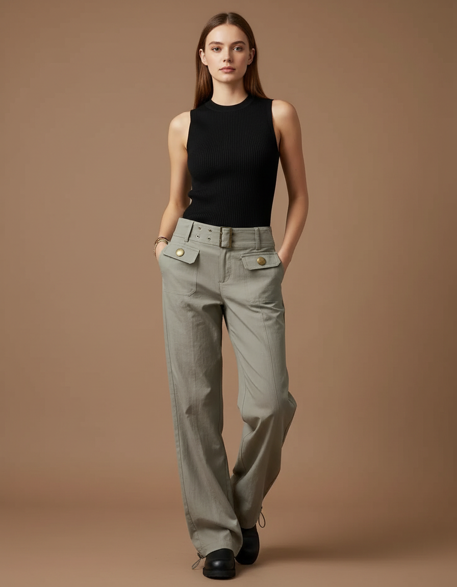 Pantalon Parachute Gris Ample Ceinture Poches Droites - Kaki Gabardine