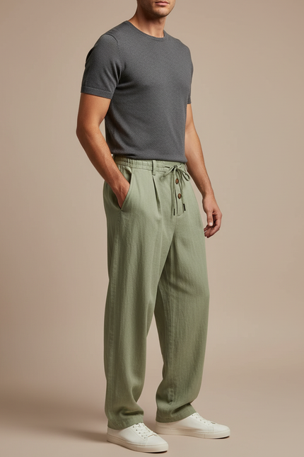 Pantalon Parachute Vert Lin Ample Homme Décontracté Cordon