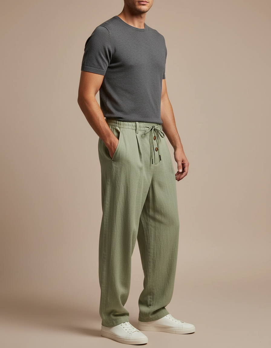 Pantalon Parachute Vert Lin Ample Homme Décontracté Cordon