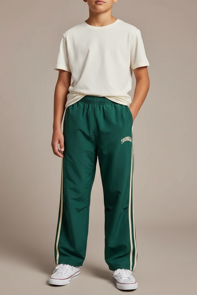 Pantalon Parachute Vert Ample Rayures Enfant Sport - Polyester