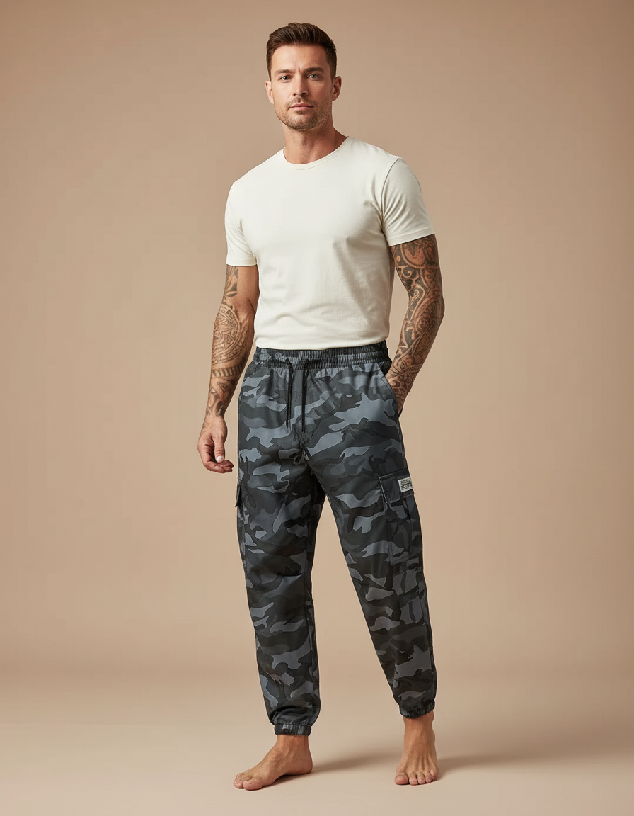 Pantalon Parachute Camouflage Gris Cargo Homme Décontracté - Polyester