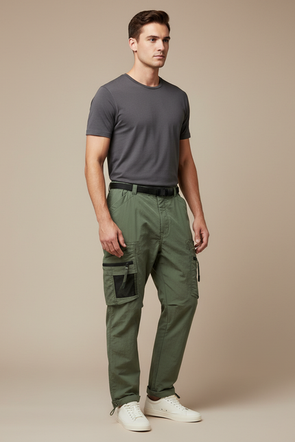 Pantalon Parachute Kaki Cargo Ample Fonctionnel Homme - Polyester