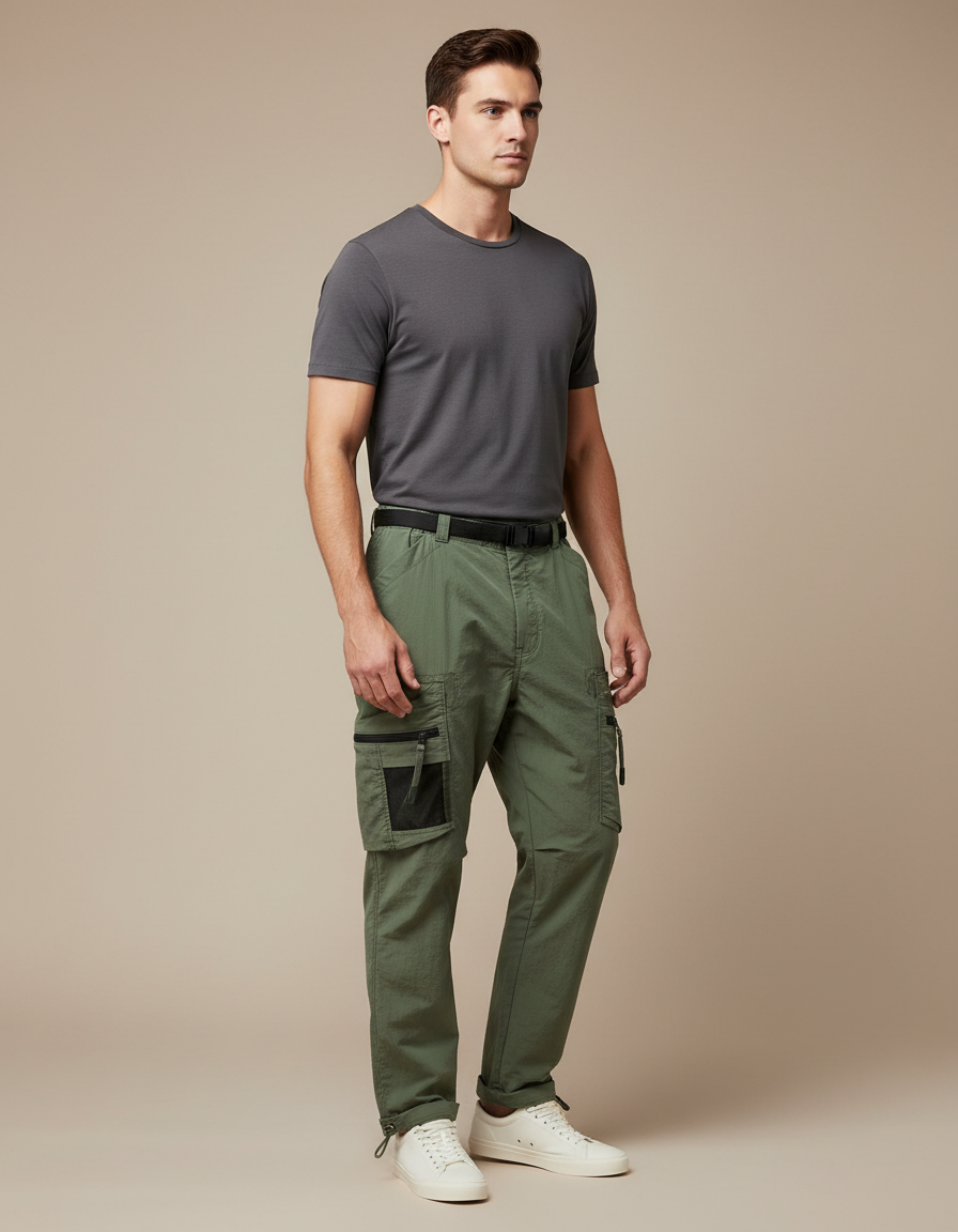 Pantalon Parachute Kaki Cargo Ample Fonctionnel Homme - Polyester