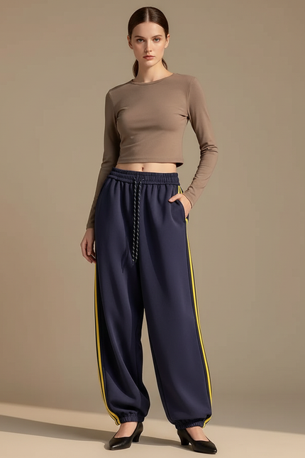 Pantalon Parachute Bleu Marine Ample Sportif Rayures Jaunes - Molleton