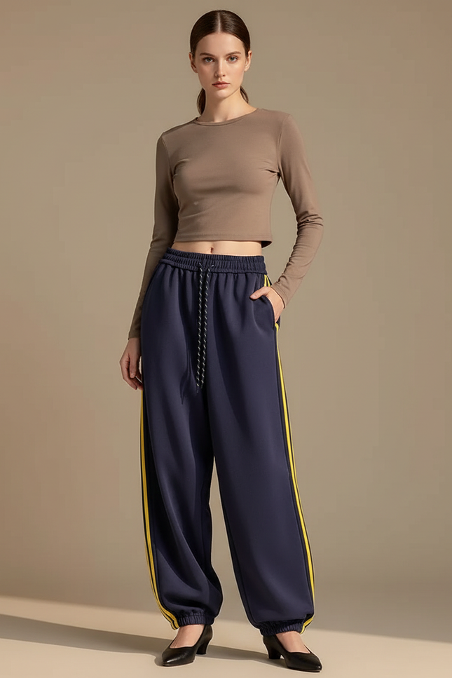 Pantalon Parachute Bleu Marine Ample Sportif Rayures Jaunes - Molleton