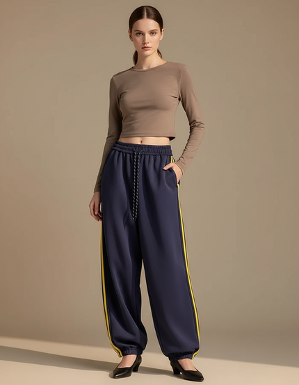 Pantalon Parachute Bleu Marine Ample Sportif Rayures Jaunes - Molleton