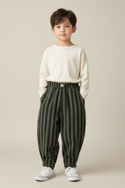 Pantalon Parachute Rayé Vert Ample Enfant Décontracté - Cordé