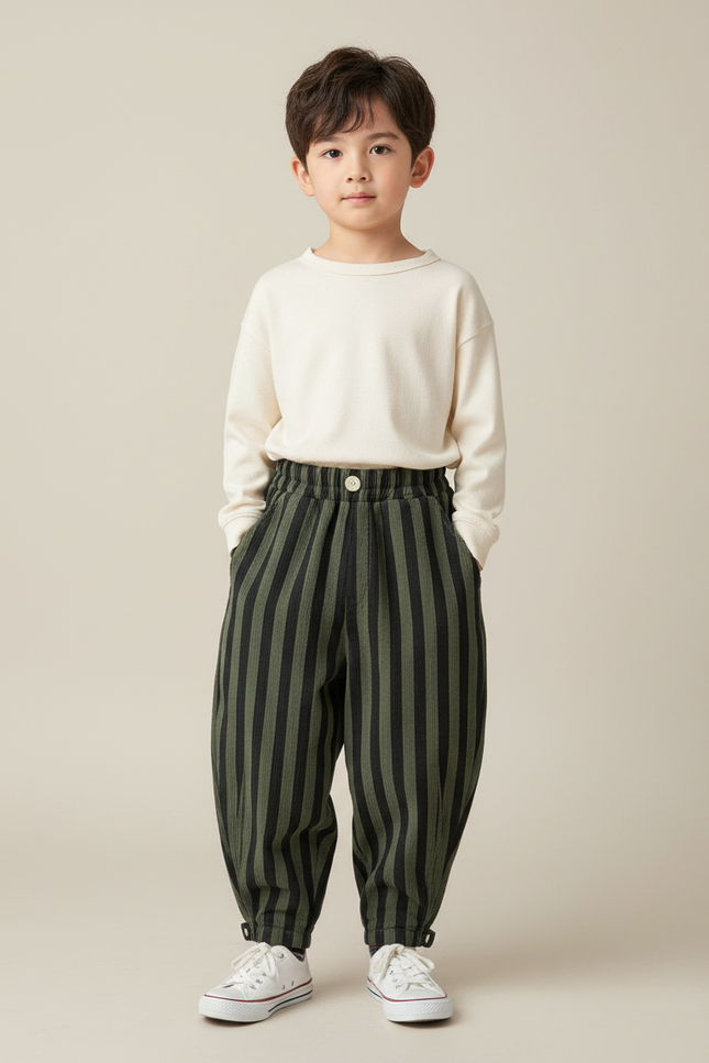 Pantalon Parachute Rayé Vert Ample Enfant Décontracté - Cordé