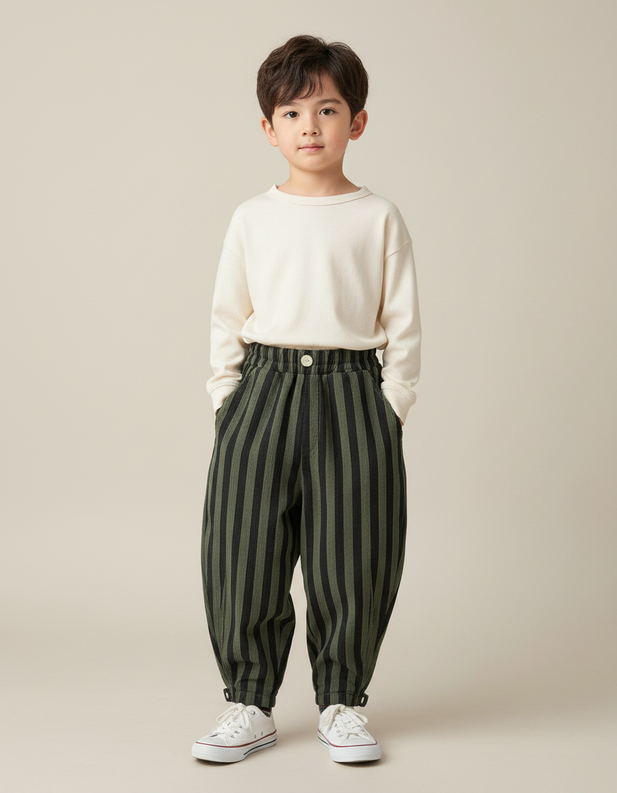 Pantalon Parachute Rayé Vert Ample Enfant Décontracté - Cordé