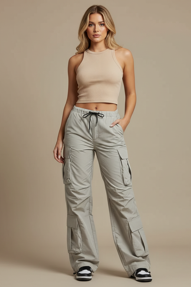 Pantalon Parachute Gris Ample Cargo Fluide Cordon - Polyester
