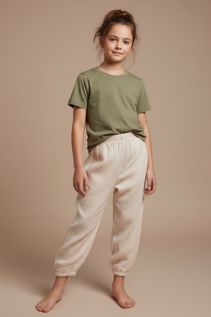 Pantalon Parachute Crème Coton Ample Enfant Doux - Beige