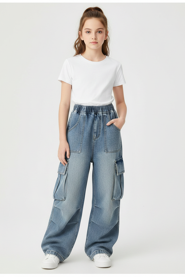 Pantalon Parachute Denim Ample Cargo Enfant - Bleu Jean