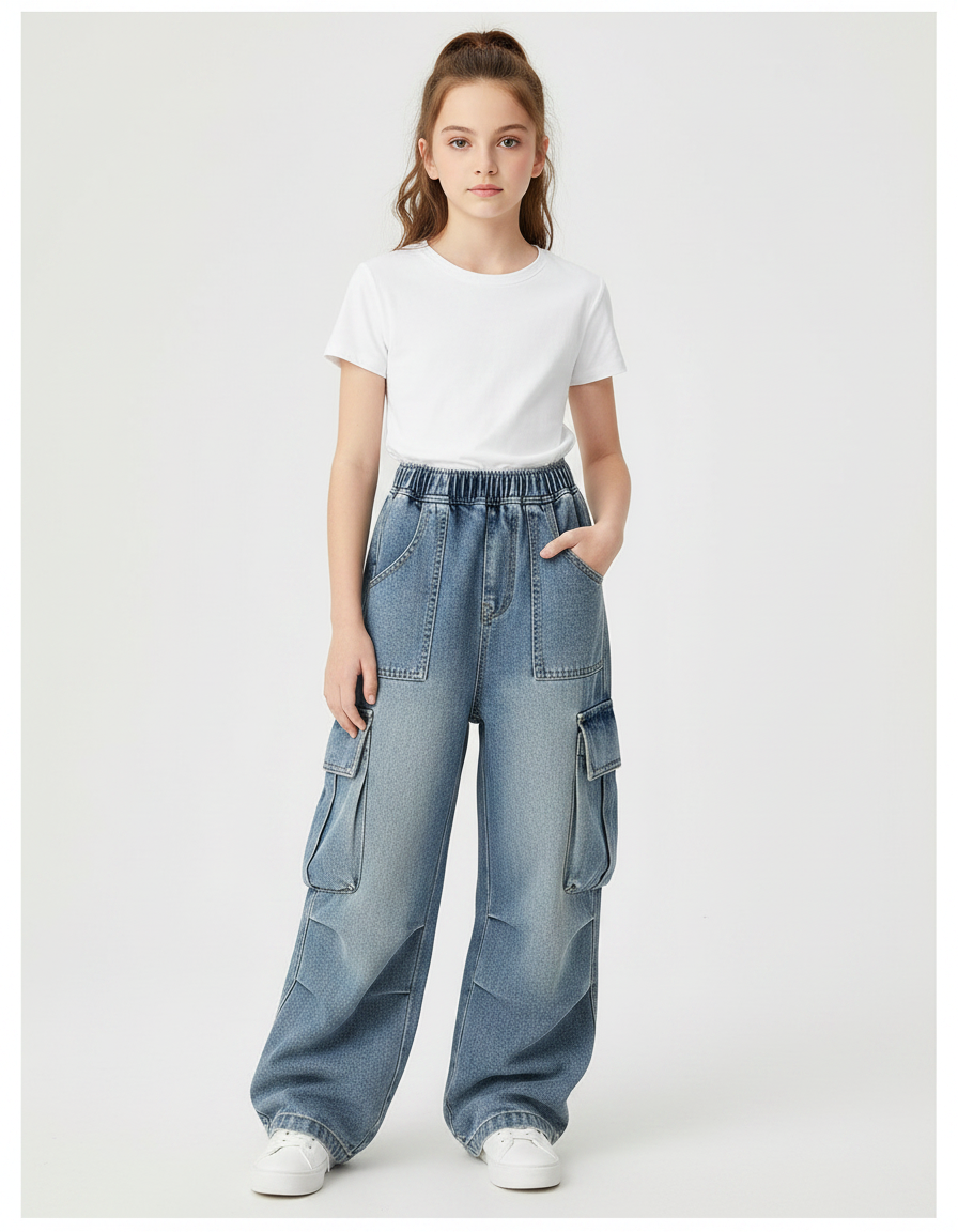 Pantalon Parachute Denim Ample Cargo Enfant - Bleu Jean