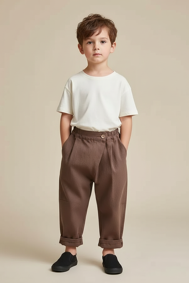 Pantalon Parachute Marron Ample Coton Décontracté Enfant