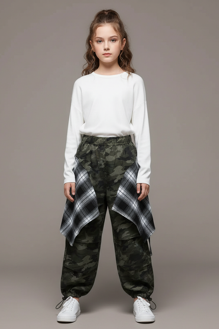 Pantalon Parachute Camouflage Ample Cargo Carreaux - Kaki Toile