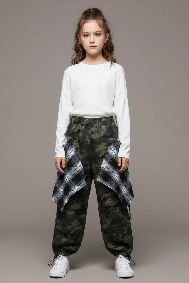 Pantalon Parachute Camouflage Ample Cargo Carreaux - Kaki Toile