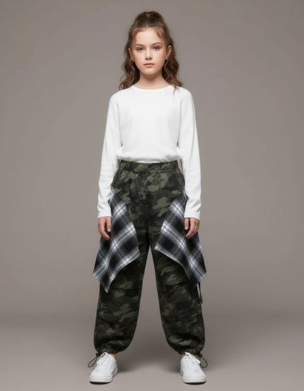 Pantalon Parachute Camouflage Ample Cargo Carreaux - Kaki Toile