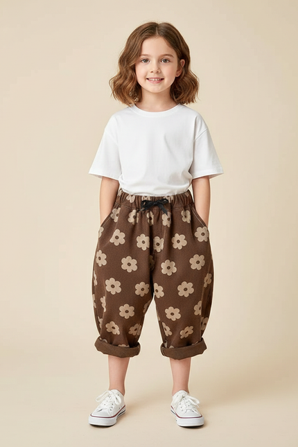 Pantalon Parachute Marron Floral Ample Coton Enfant - Molleton