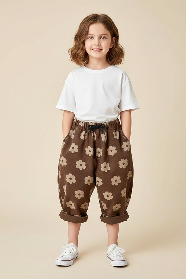 Pantalon Parachute Marron Floral Ample Coton Enfant - Molleton