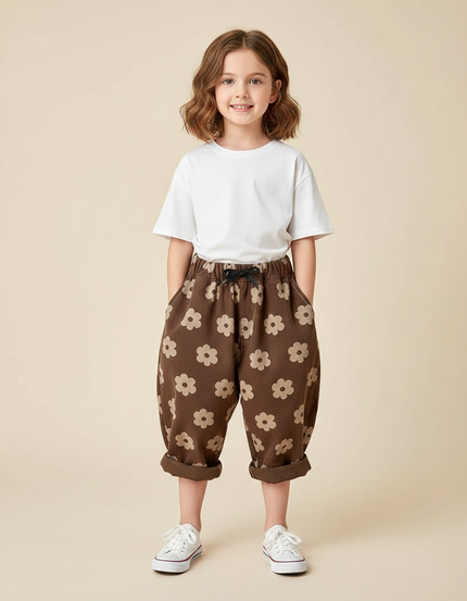 Pantalon Parachute Marron Floral Ample Coton Enfant - Molleton