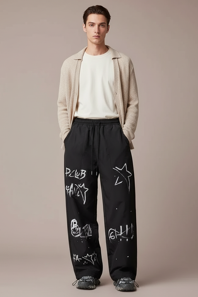 Pantalon Parachute Noir Ample Graffiti Streetwear Homme - Polyester