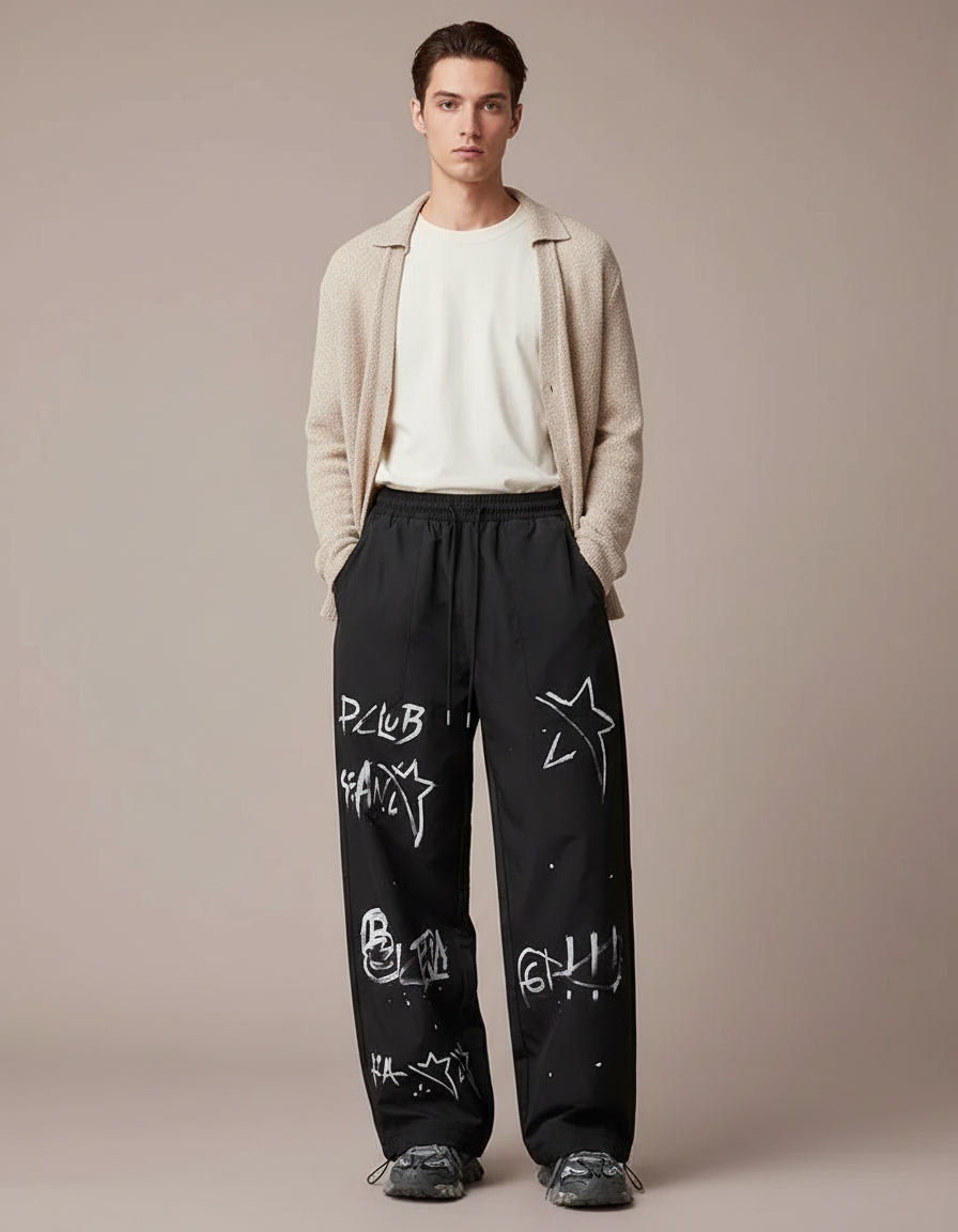 Pantalon Parachute Noir Ample Graffiti Streetwear Homme - Polyester