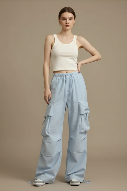 Pantalon Parachute Bleu Ciel Ample Cargo Femme - Polyester