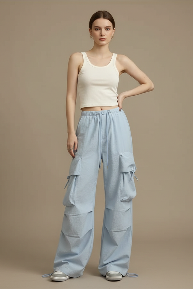 Pantalon Parachute Bleu Ciel Ample Cargo Femme - Polyester