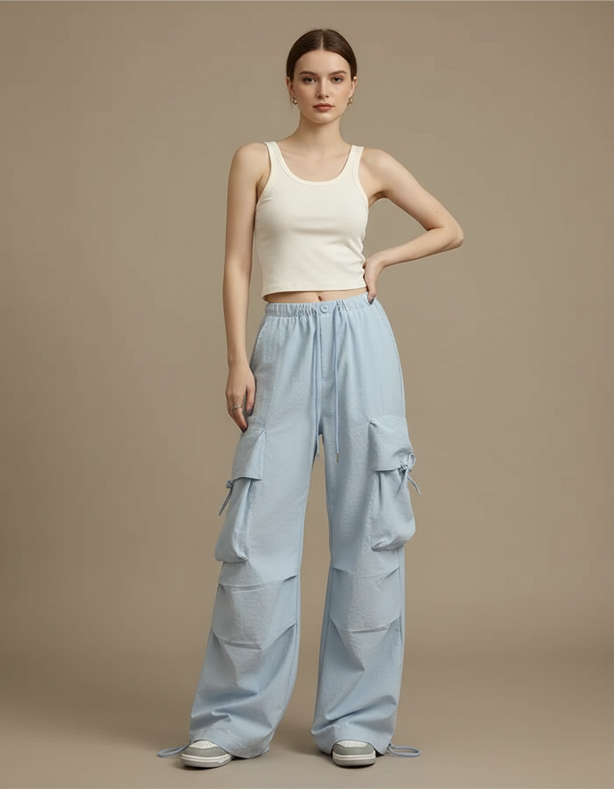 Pantalon Parachute Bleu Ciel Ample Cargo Femme - Polyester