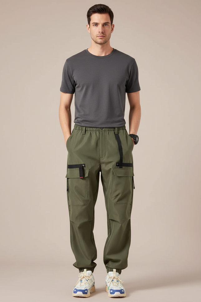 Pantalon Parachute Kaki Cargo Cordon Homme Techwear - Polyester
