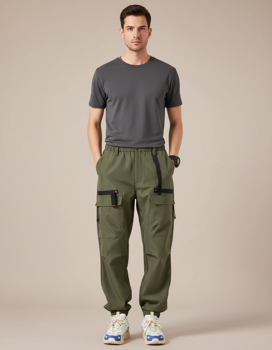 Pantalon Parachute Kaki Cargo Cordon Homme Techwear - Polyester