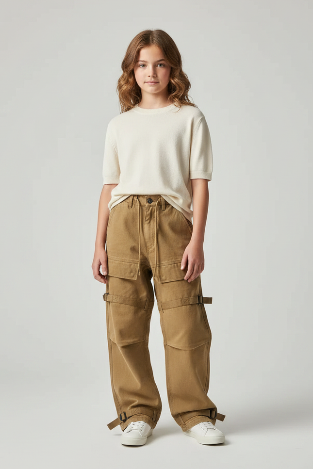 Pantalon Parachute Marron Cargo Ample Fille - Kaki Toile