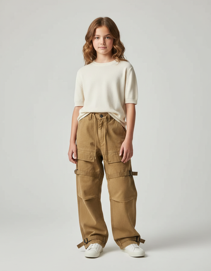 Pantalon Parachute Marron Cargo Ample Fille - Kaki Toile