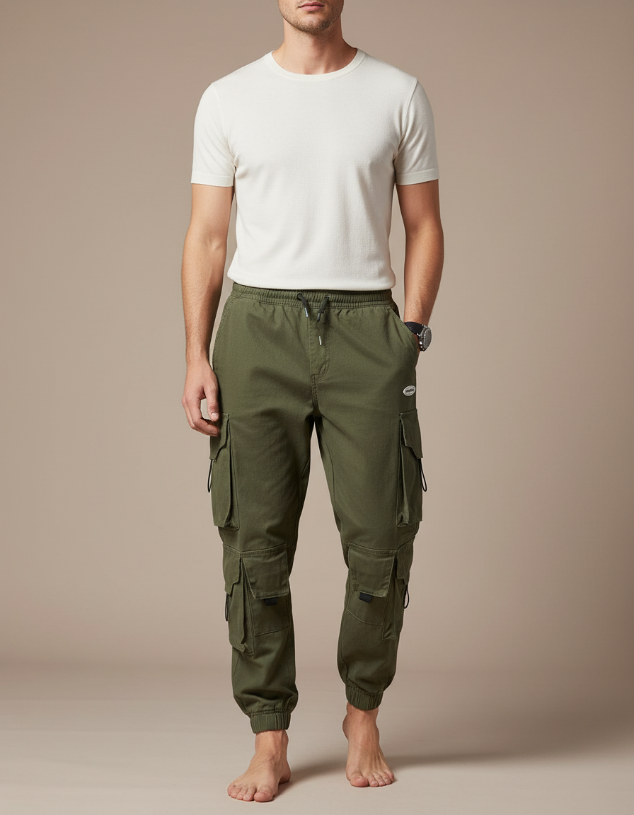 Pantalon Parachute Kaki Coton Cargo Ample Homme