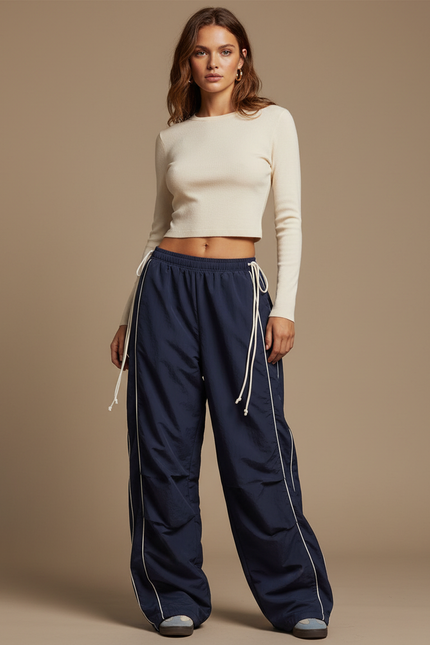Pantalon Parachute Bleu Marine Ample Décontracté Fluide - Polyester
