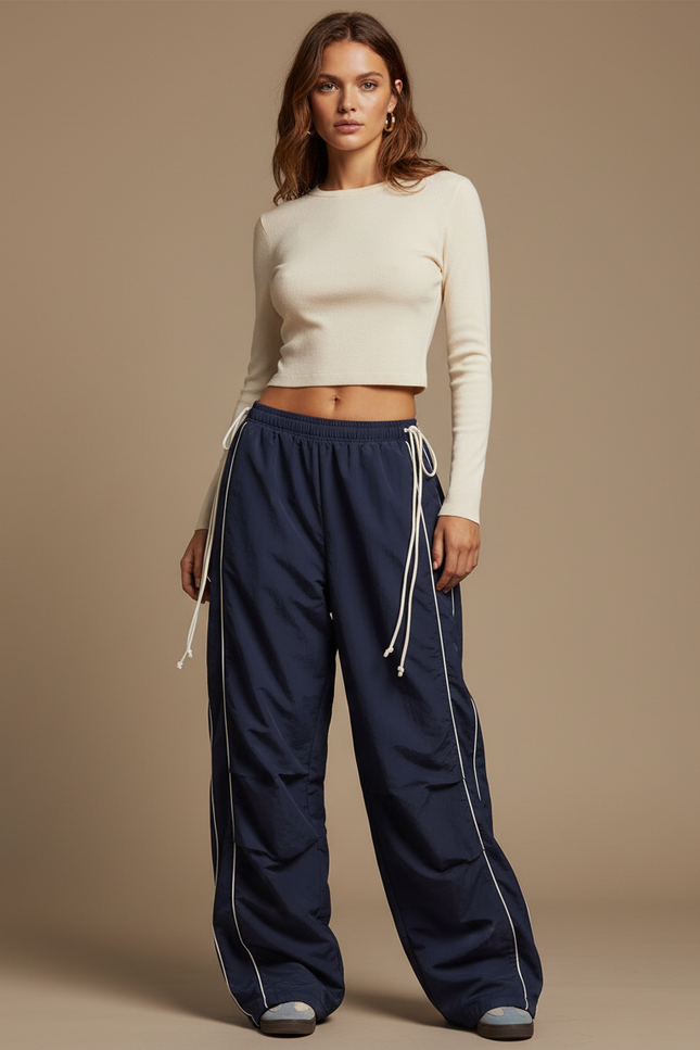 Pantalon Parachute Bleu Marine Ample Décontracté Fluide - Polyester
