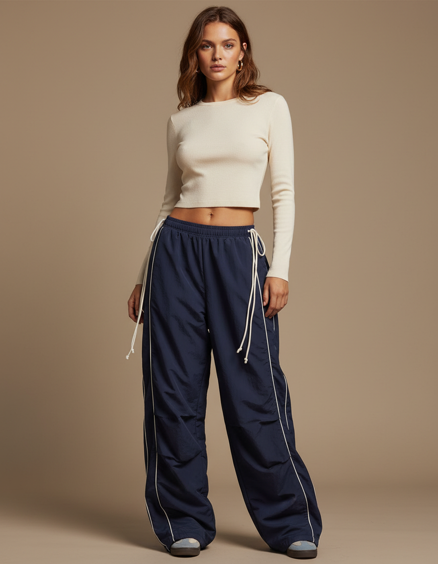 Pantalon Parachute Bleu Marine Ample Décontracté Fluide - Polyester