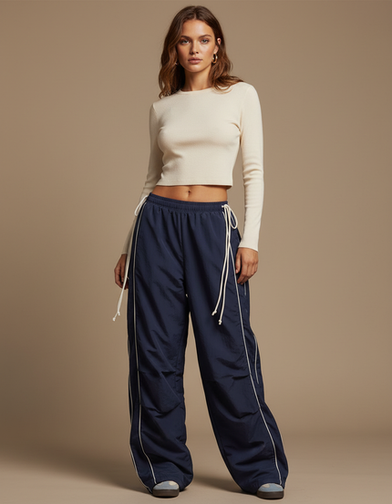 Pantalon Parachute Bleu Marine Ample Décontracté Fluide - Polyester